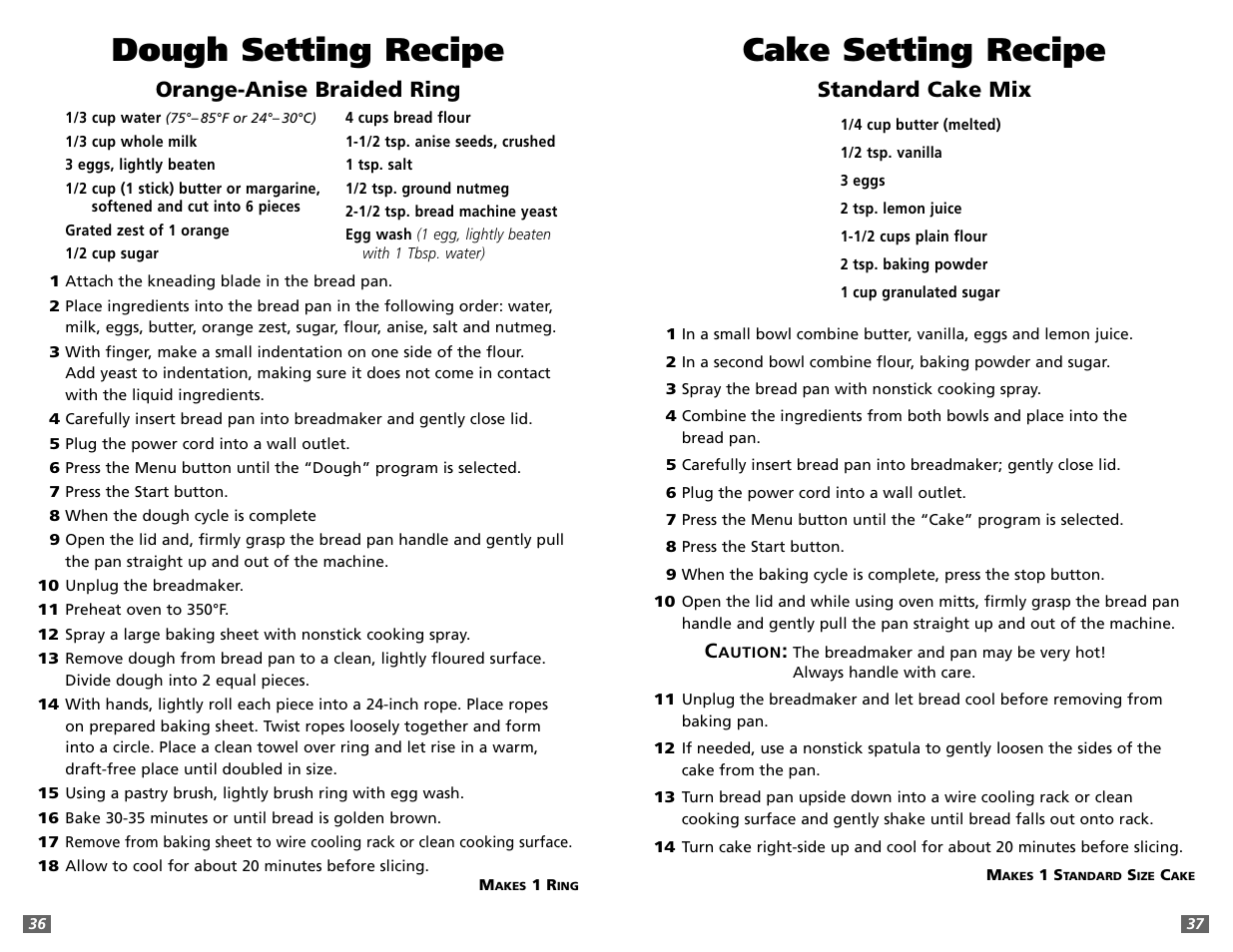 Cake setting recipe, Dough setting recipe, Standard cake mix | Orange-anise braided ring | Sunbeam 5891 User Manual | Page 19 / 44
