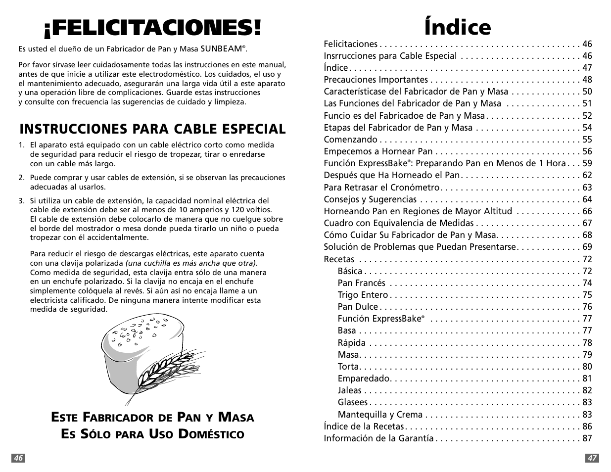 Felicitaciones, Índice, Instrucciones para cable especial | Sunbeam 5891 User Manual | Page 24 / 44
