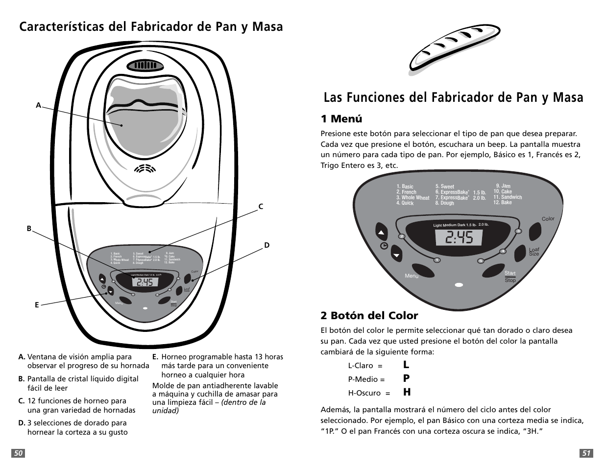 Las funciones del fabricador de pan y masa, Características del fabricador de pan y masa, 1 menú | 2 botón del color | Sunbeam 5891 User Manual | Page 26 / 44