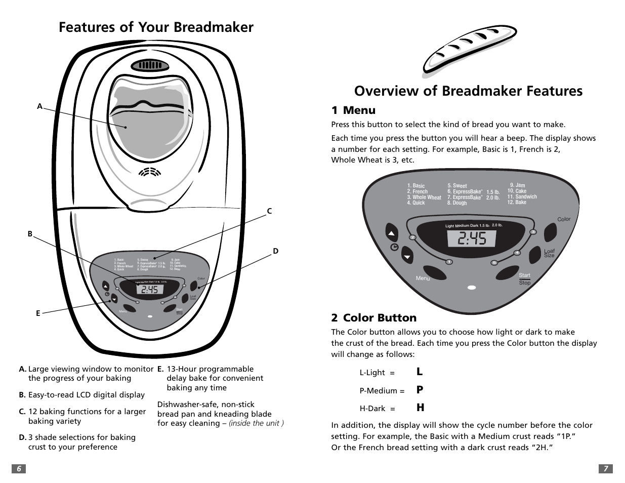 Overview of breadmaker features, Features of your breadmaker, 1 menu | 2 color button | Sunbeam 5891 User Manual | Page 4 / 44