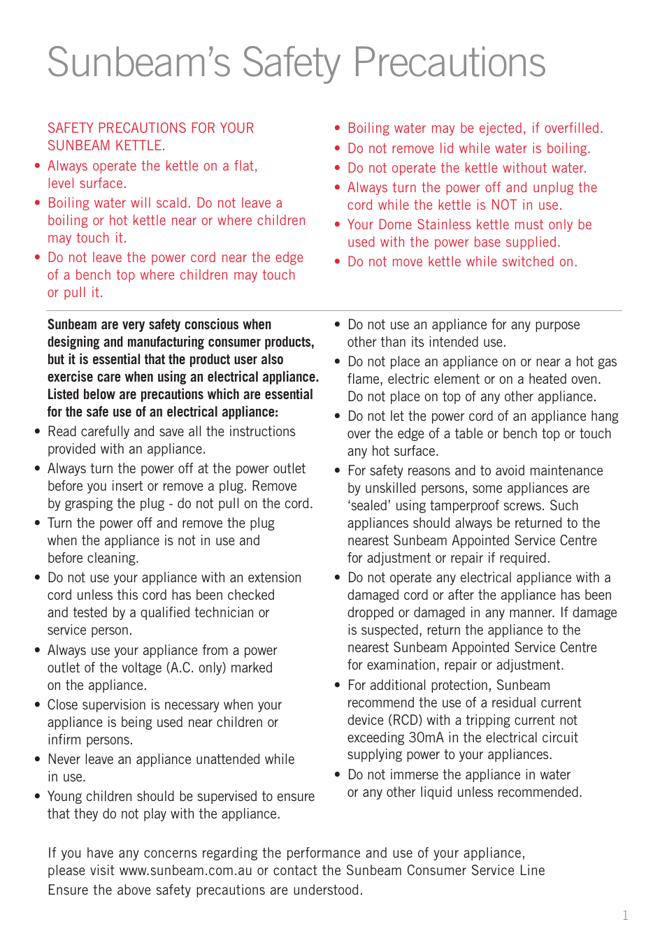 Sunbeam’s safety precautions | Sunbeam KE7350 User Manual | Page 3 / 10