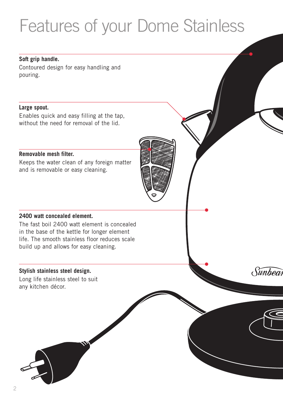 Features of your dome stainless | Sunbeam KE7350 User Manual | Page 4 / 10