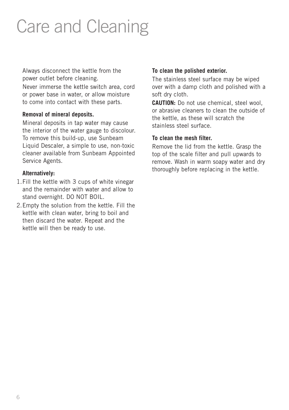 Care and cleaning | Sunbeam KE7350 User Manual | Page 8 / 10