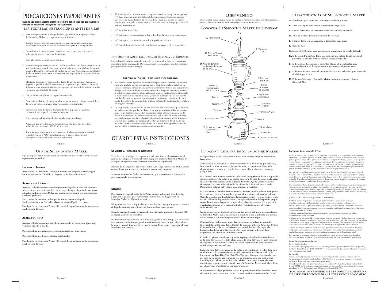 Precauciones importantes, Guarde estas instrucciones | Sunbeam 4200 User Manual | Page 2 / 2