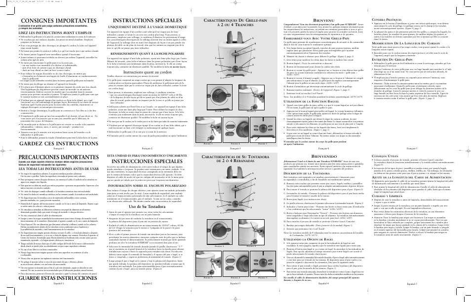 Precauciones importantes, Consignes importantes, Instrucciones especiales | Guarde estas instrucciones, Gardez ces instructions instructions spéciales, Uso de su tostadora, Instructions quant au cordon, Lea todas las instrucciones antes de usar, Lisez les instructions avant l’emploi, Aracteríasticas de | Sunbeam 6174 User Manual | Page 2 / 2
