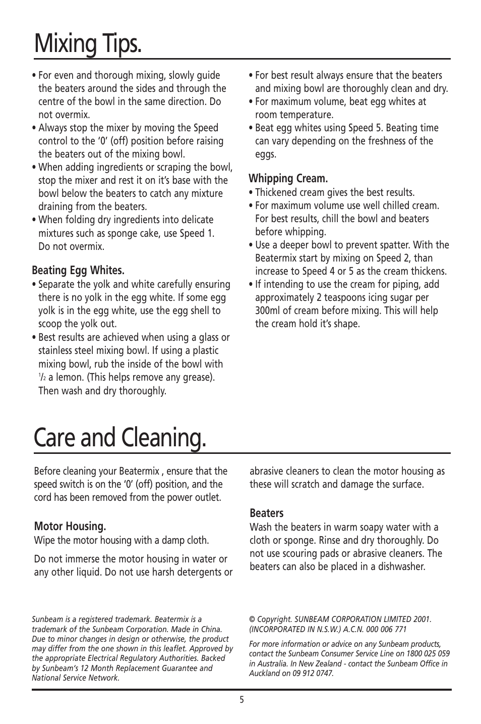 Mixing tips. care and cleaning | Sunbeam JM3200 User Manual | Page 5 / 8