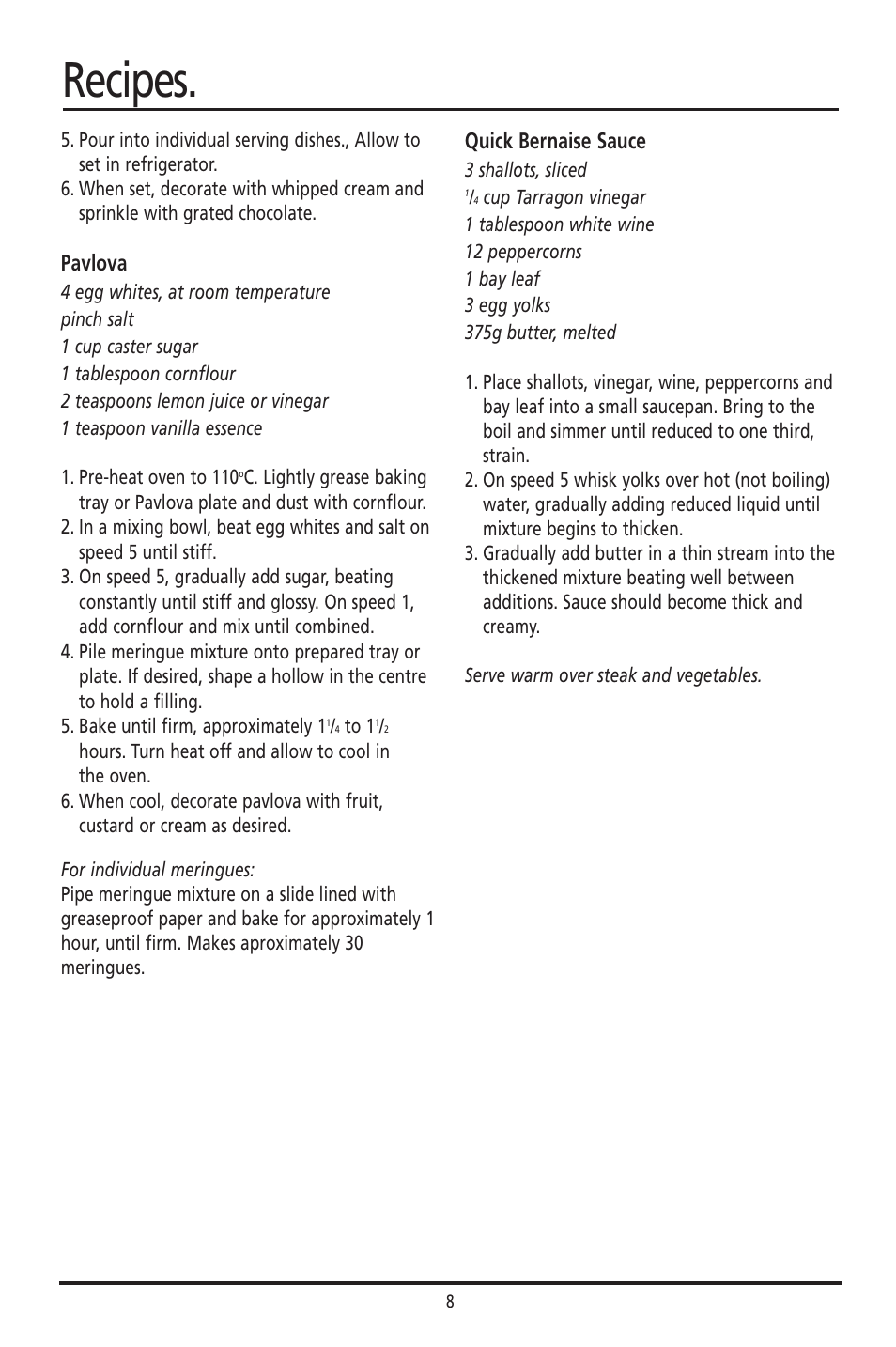 Recipes, Pavlova, Quick bernaise sauce | Sunbeam JM3200 User Manual | Page 8 / 8