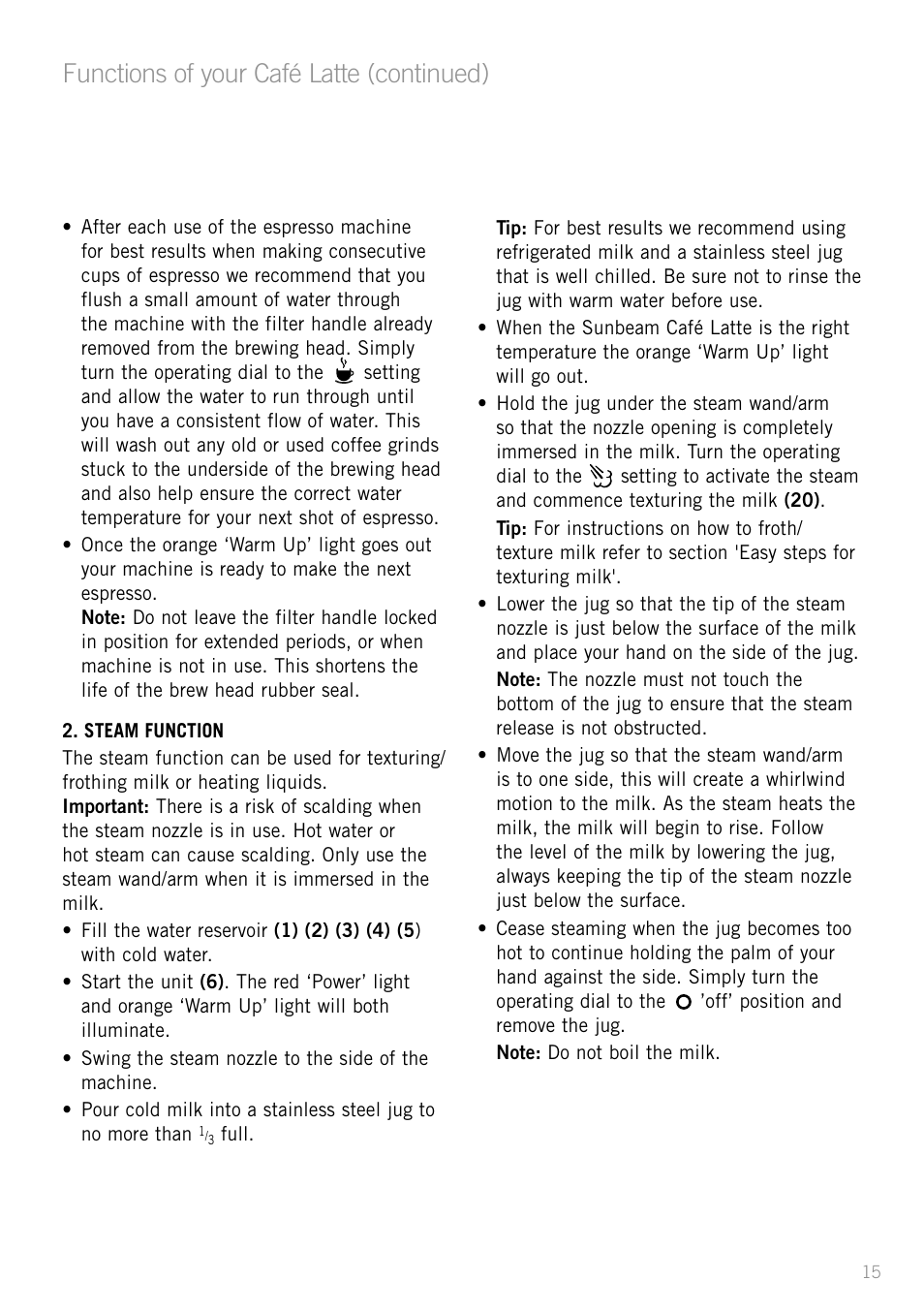 Functions of your café latte (continued) | Sunbeam EM5400B User Manual | Page 17 / 32