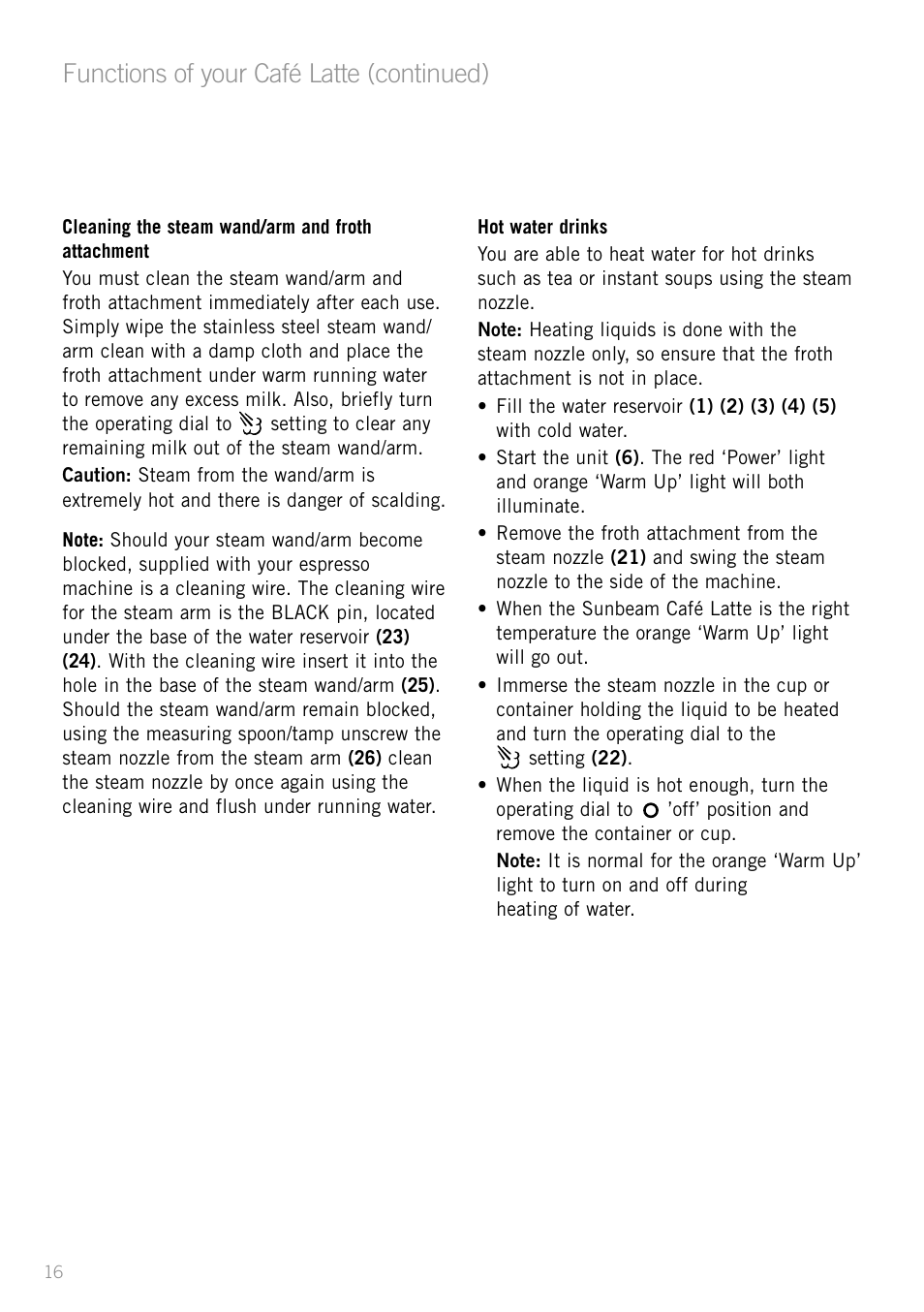 Functions of your café latte (continued) | Sunbeam EM5400B User Manual | Page 18 / 32