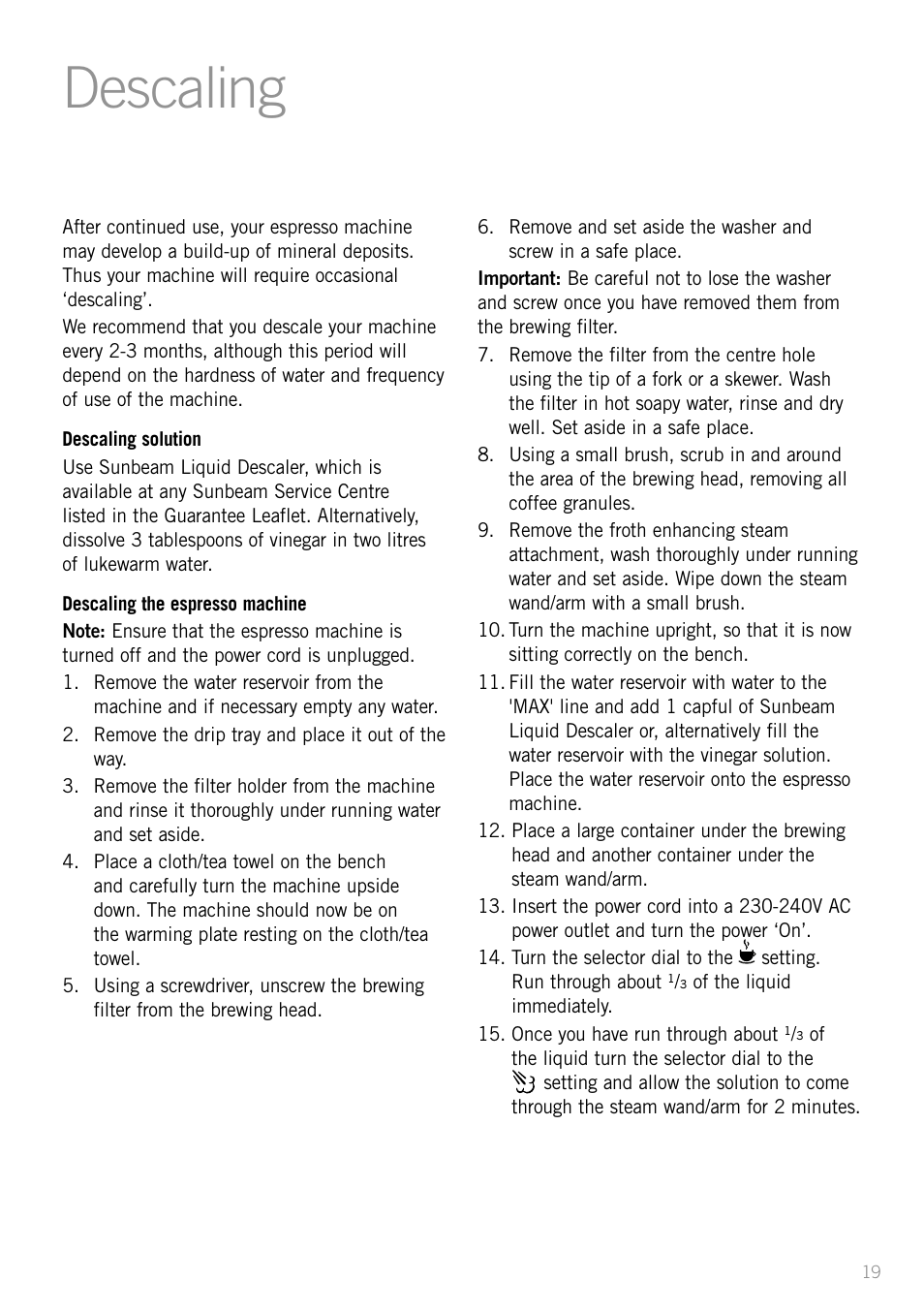 Descaling | Sunbeam EM5400B User Manual | Page 21 / 32