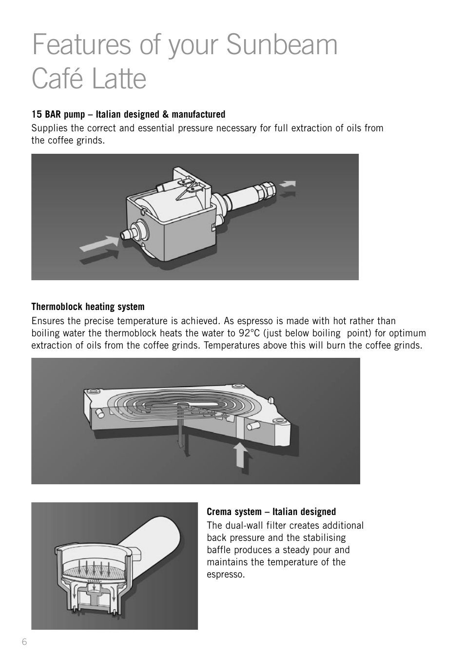 Features of your sunbeam café latte | Sunbeam EM5400B User Manual | Page 8 / 32