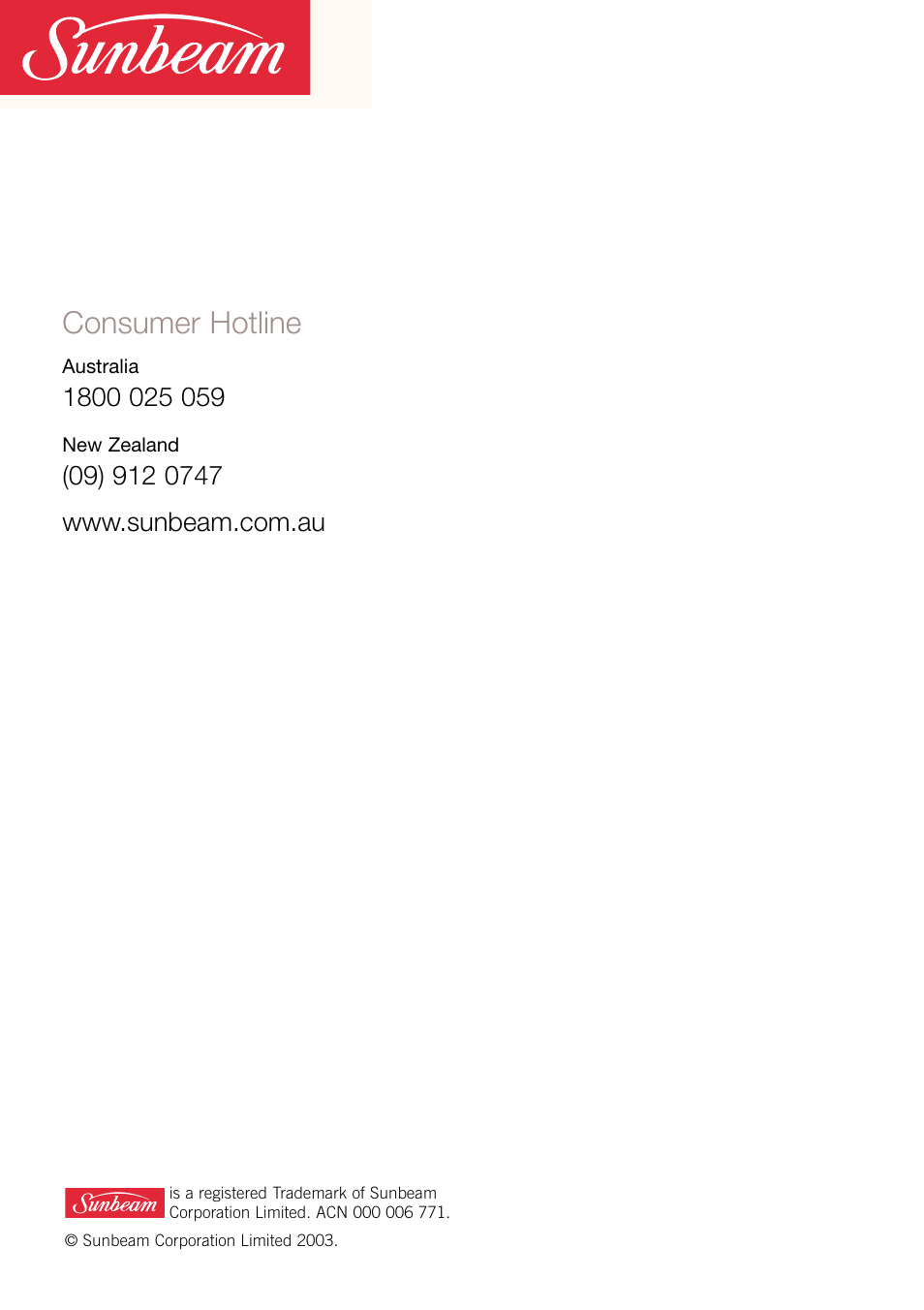 Consumer hotline | Sunbeam SR8200 User Manual | Page 12 / 12
