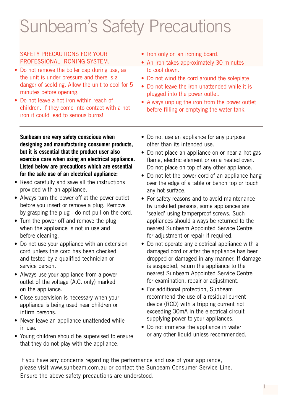 Sunbeam’s safety precautions | Sunbeam SR8200 User Manual | Page 3 / 12