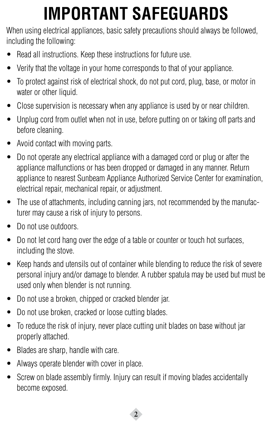 Important safeguards | Sunbeam 6094 User Manual | Page 2 / 12