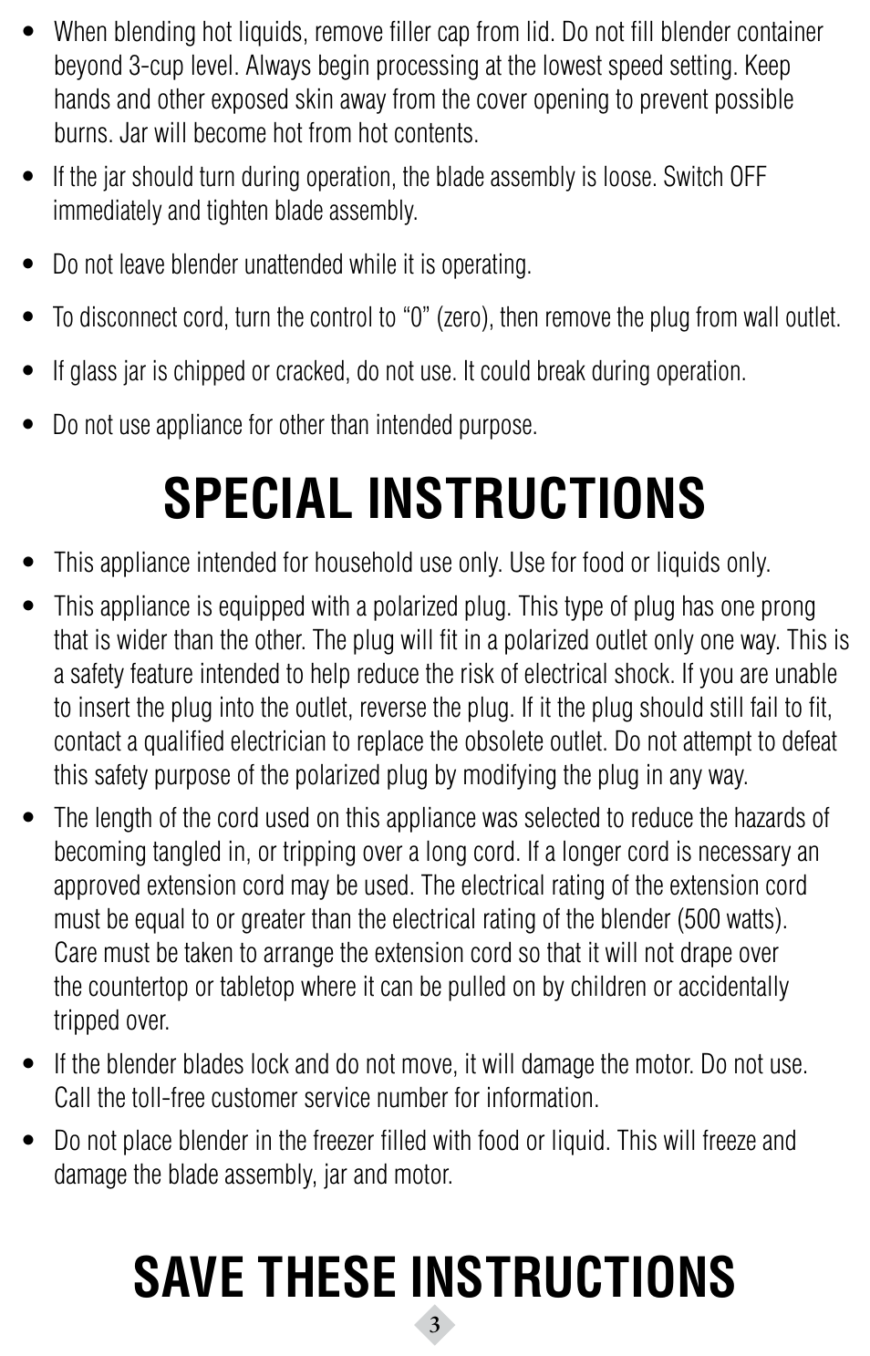 Special instructions, Save these instructions | Sunbeam 6094 User Manual | Page 3 / 12