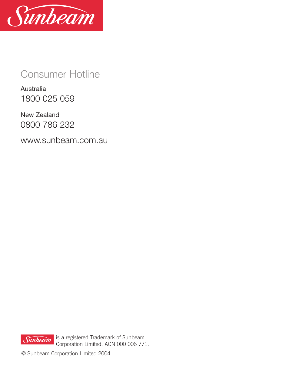 Consumer hotline | Sunbeam SH3700 User Manual | Page 12 / 12