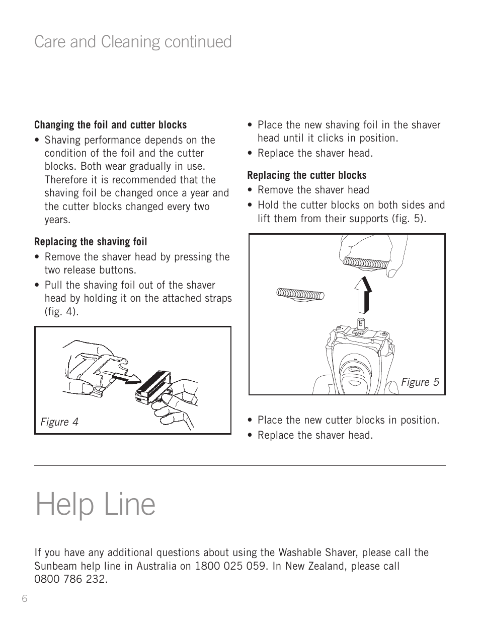 Help line, Care and cleaning continued | Sunbeam SH3700 User Manual | Page 8 / 12