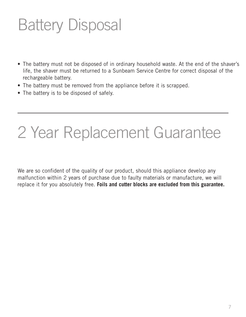 Battery disposal, Help line 2 year replacement guarantee | Sunbeam SH3700 User Manual | Page 9 / 12