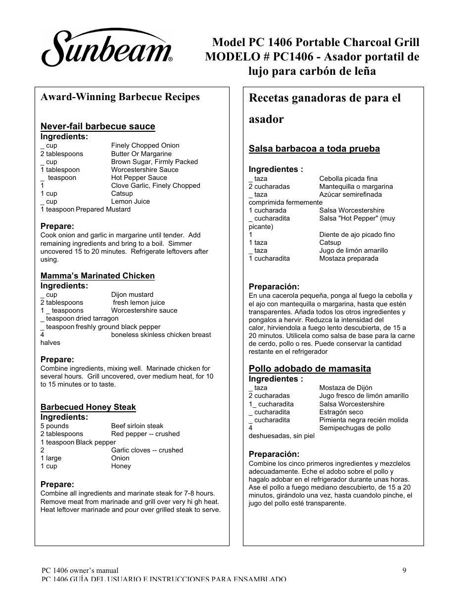 Recetas ganadoras de para el asador, Award-winning barbecue recipes, Never-fail barbecue sauce | Salsa barbacoa a toda prueba, Pollo adobado de mamasita, Filete con miel sobre el asador | Sunbeam PC1406 User Manual | Page 10 / 12