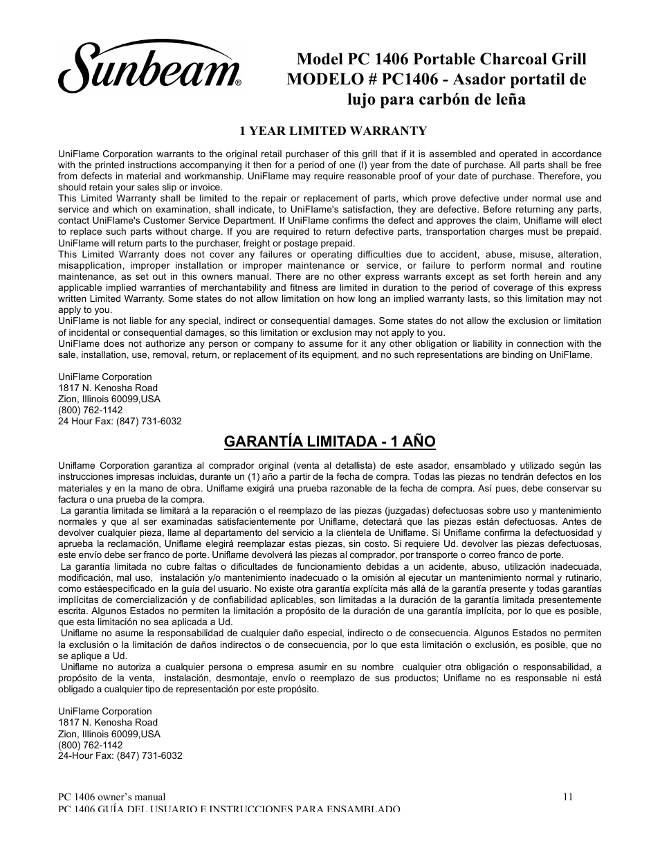 Garantía limitada - 1 año | Sunbeam PC1406 User Manual | Page 12 / 12