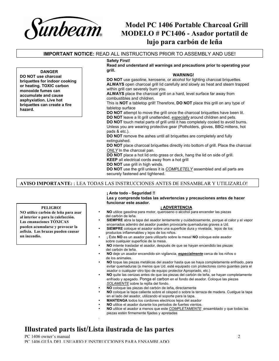 Illustrated parts list, Lista ilustrada de las partes | Sunbeam PC1406 User Manual | Page 3 / 12