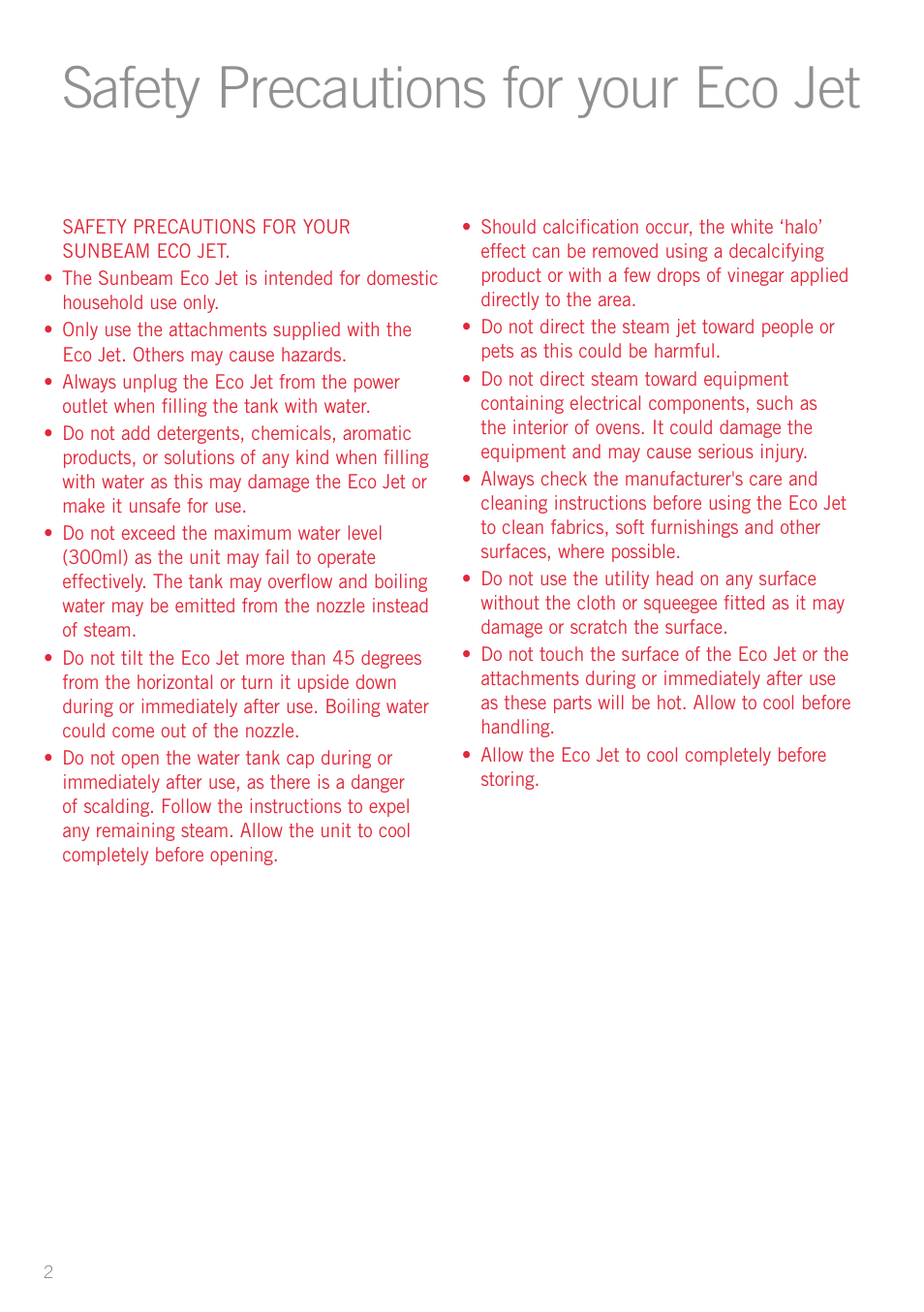 Safety precautions for your eco jet | Sunbeam SC4500 User Manual | Page 4 / 16