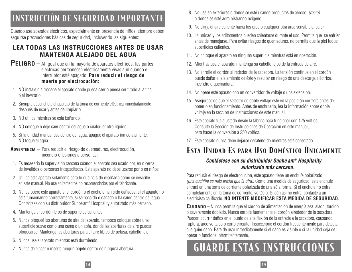 Guarde estas instrucciones, Instrucción de seguridad importante | Sunbeam 1635 User Manual | Page 14 / 14