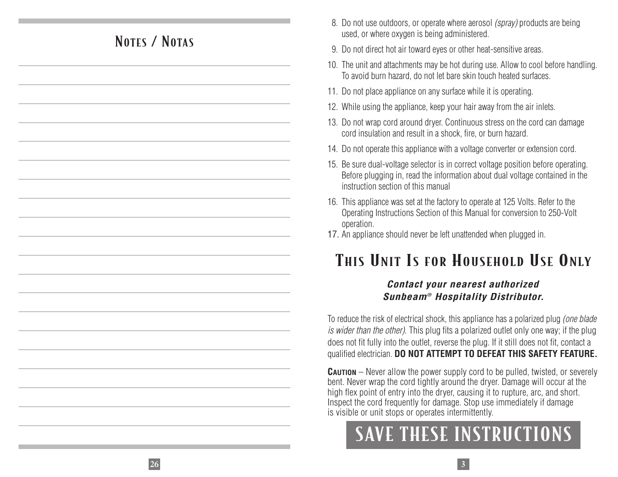 Save these instructions | Sunbeam 1635 User Manual | Page 3 / 14