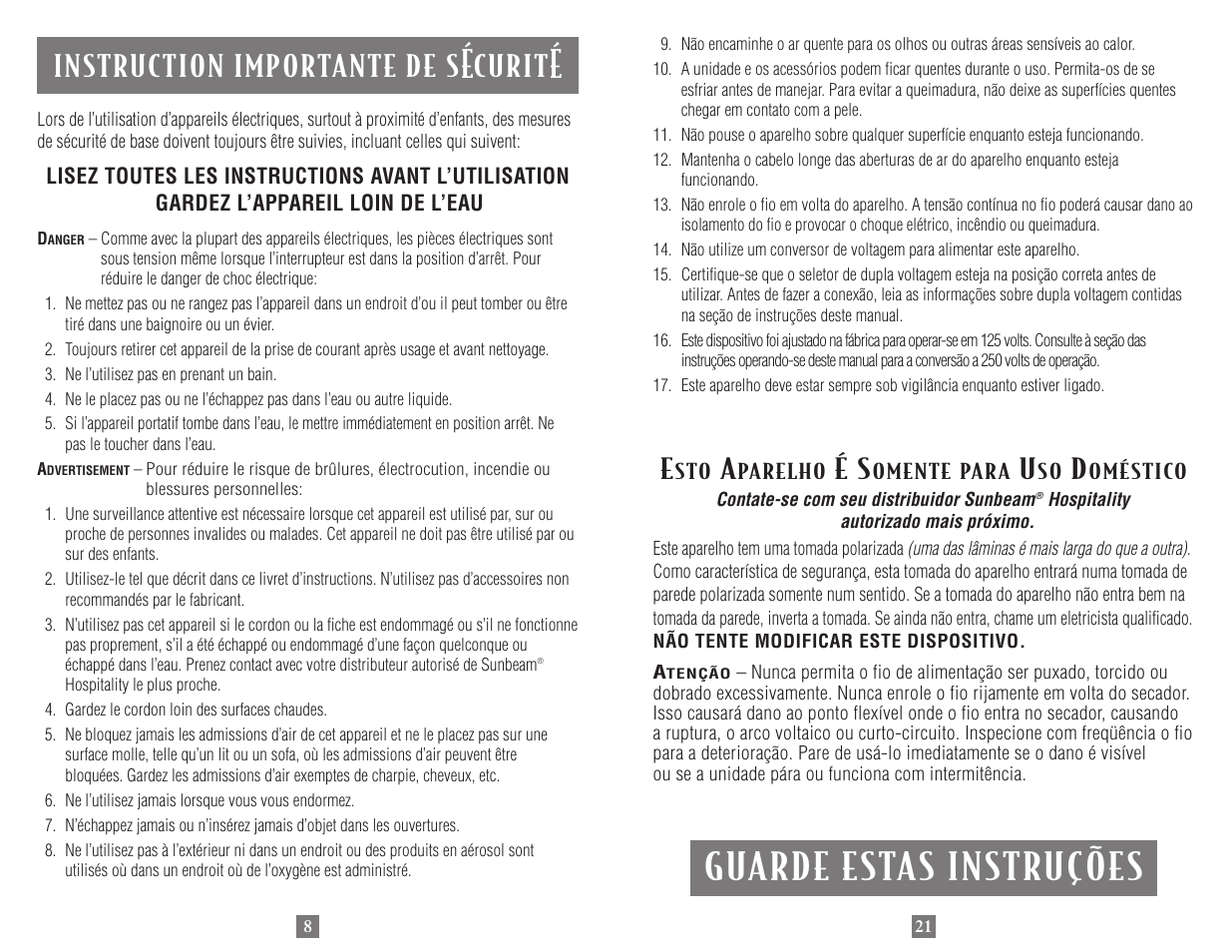 Guarde estas instruções, Instruction importante de s, Curit | Sunbeam 1635 User Manual | Page 8 / 14