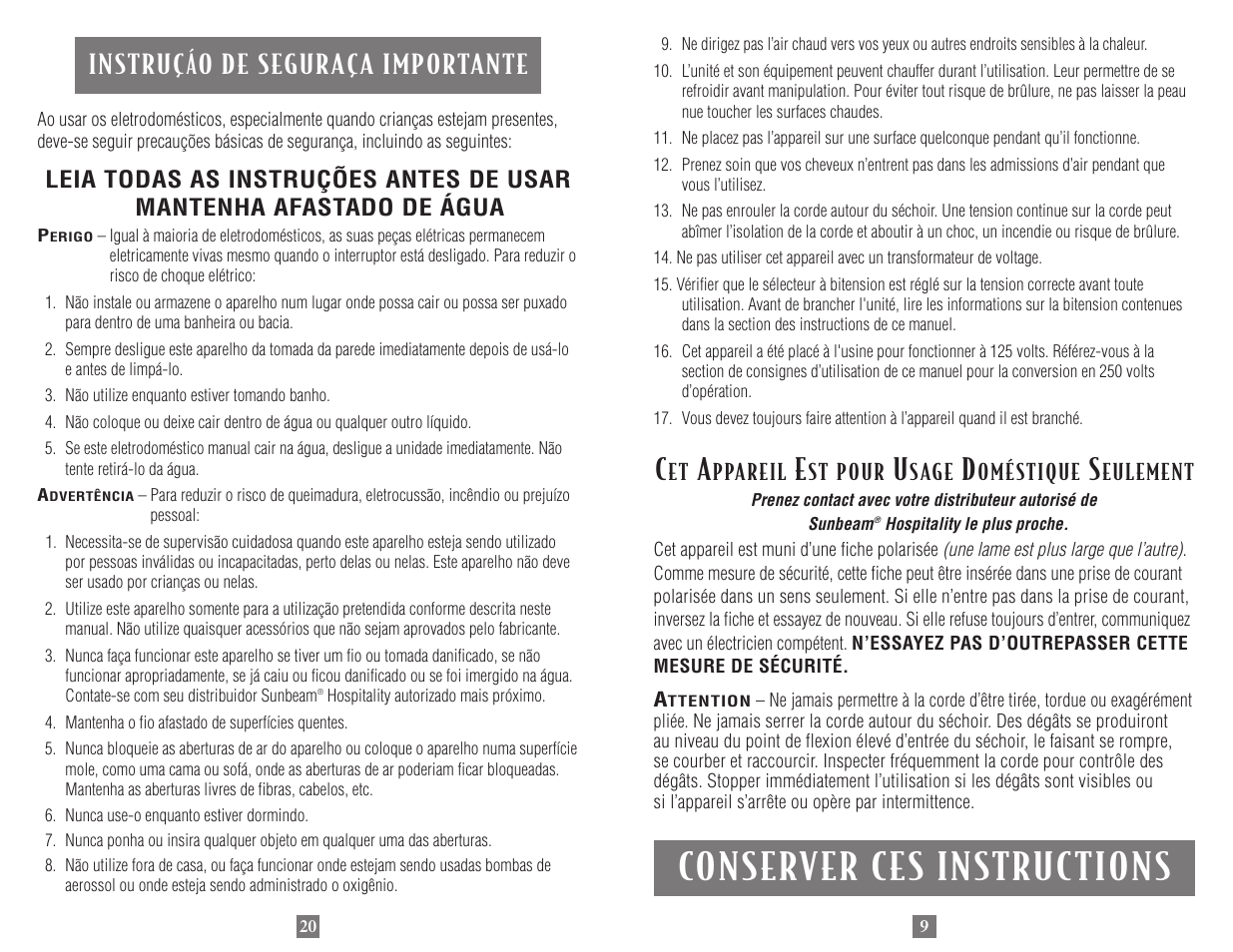 Conserver ces instructions, Instruçáo de seguraça importante | Sunbeam 1635 User Manual | Page 9 / 14