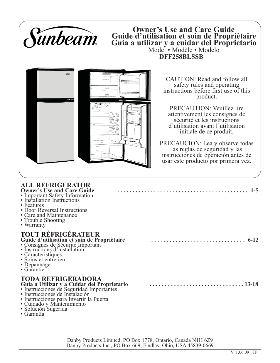 Sunbeam DFF258BLSSB User Manual | 20 pages