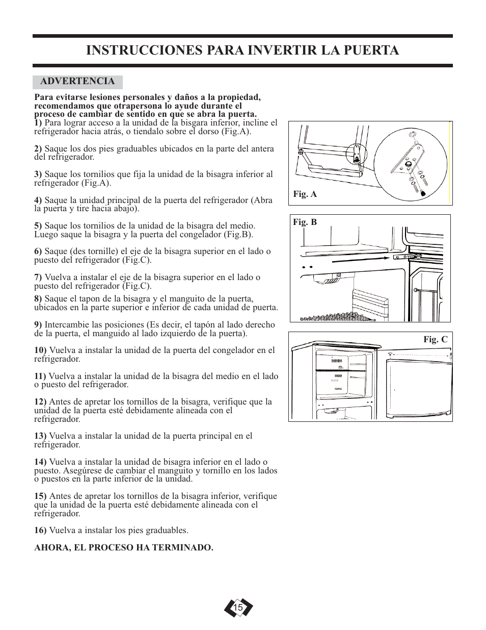 Instrucciones para invertir la puerta | Sunbeam DFF258BLSSB User Manual | Page 16 / 20