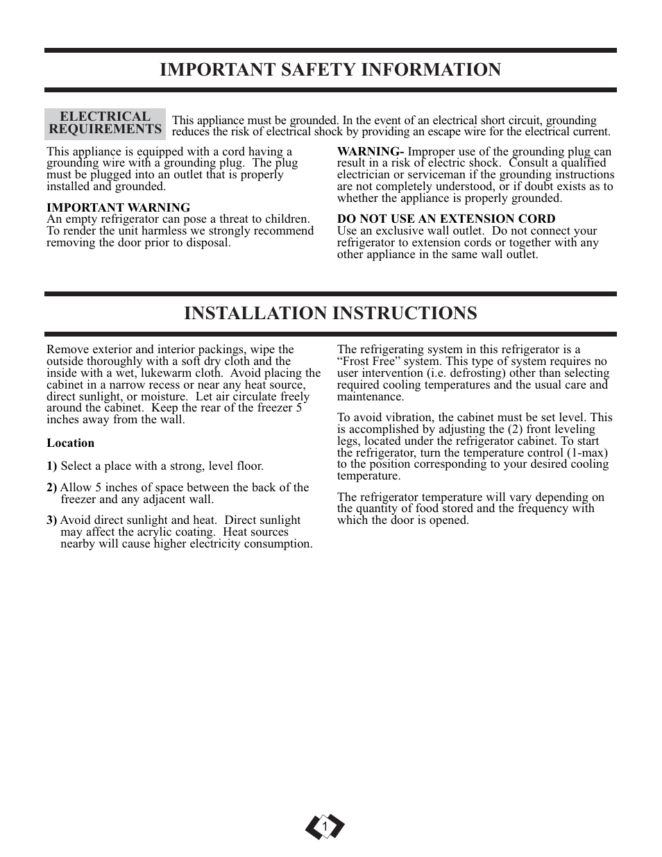 Important safety information, Installation instructions | Sunbeam DFF258BLSSB User Manual | Page 2 / 20