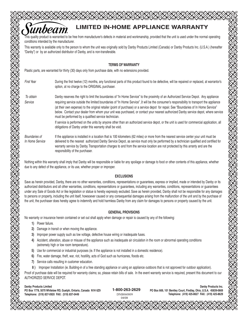 Limited in-home appliance warranty | Sunbeam DFF258BLSSB User Manual | Page 7 / 20