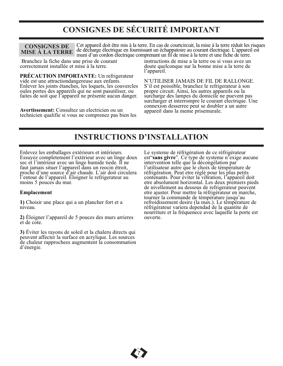 Consignes de sécurité important, Instructions d’installation | Sunbeam DFF258BLSSB User Manual | Page 8 / 20