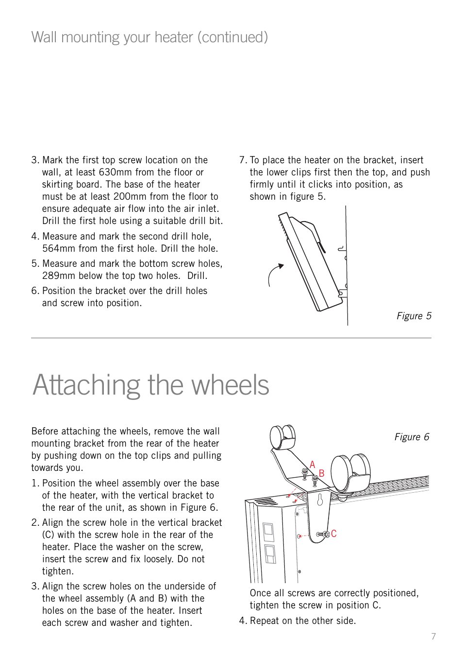 Attaching the wheels, Wall mounting your heater (continued) | Sunbeam HE4900 User Manual | Page 9 / 12