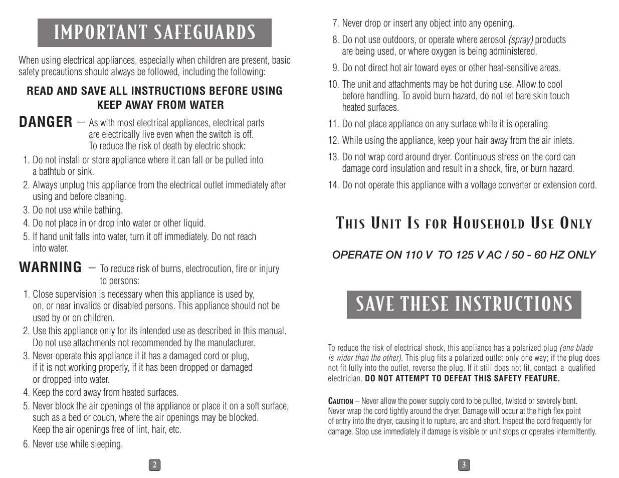 Important safeguards, Save these instructions, Danger | Warning | Sunbeam 1620 User Manual | Page 2 / 14