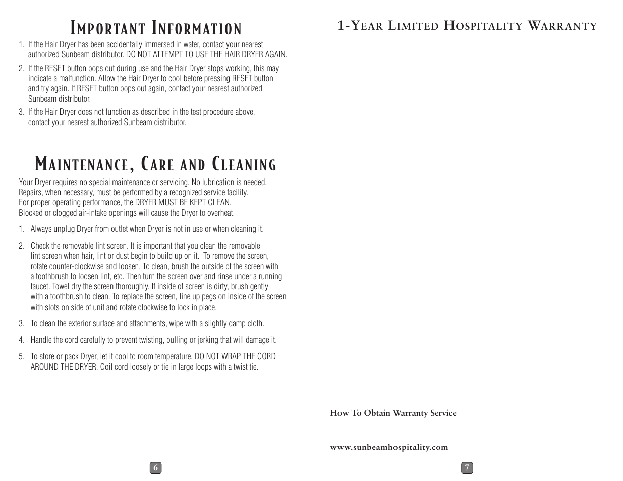 M p o rta n t, N fo r m at i o n | Sunbeam 1620 User Manual | Page 4 / 14