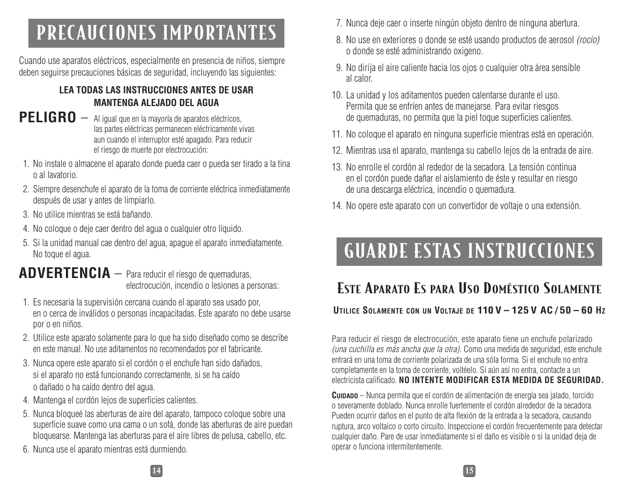 Peligro, Advertencia | Sunbeam 1620 User Manual | Page 8 / 14