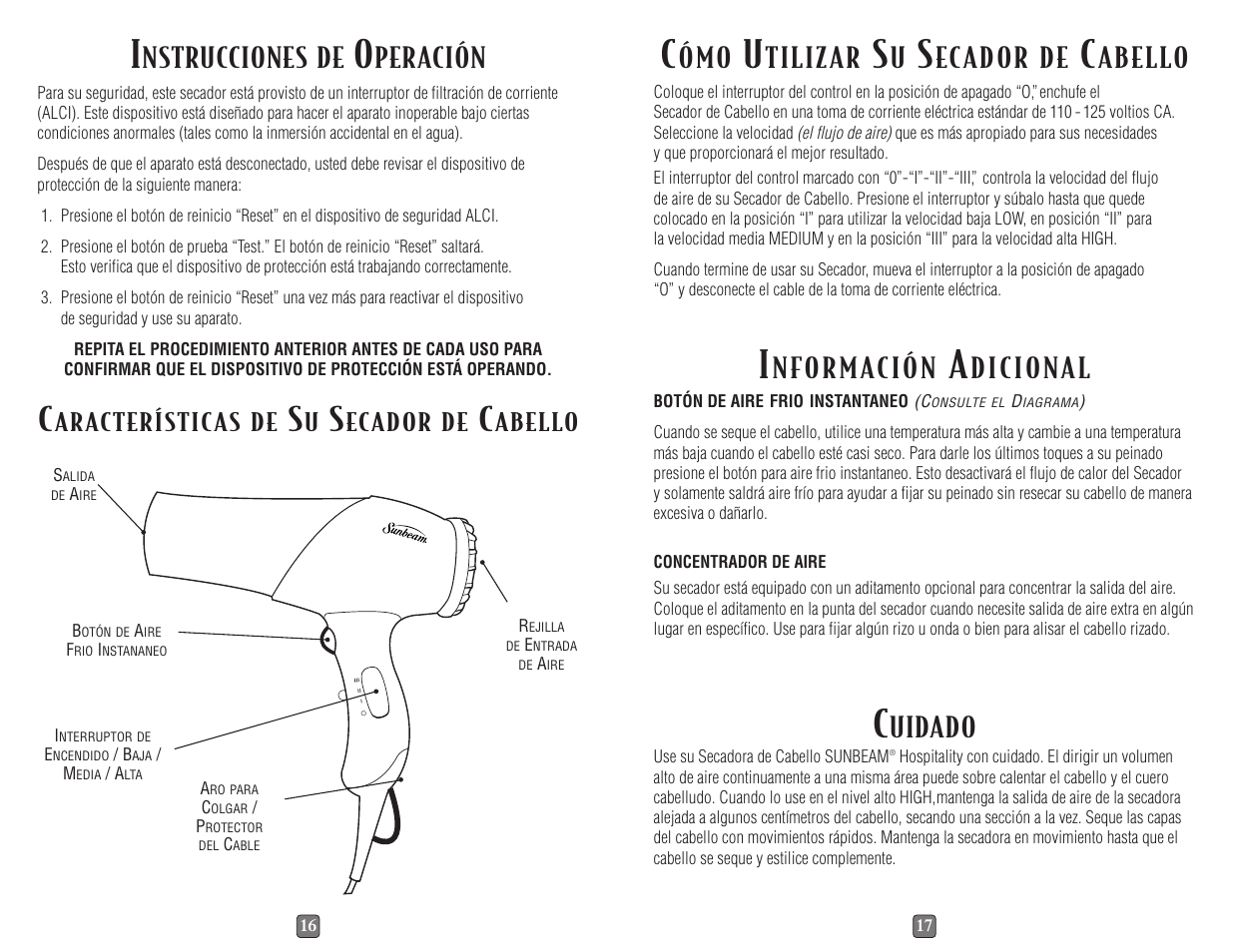 Nstrucciones de, Peración, Tilizar | Ecador de, Abello, N fo r m ac i ó n, Uidado, Aracterísticas de | Sunbeam 1620 User Manual | Page 9 / 14