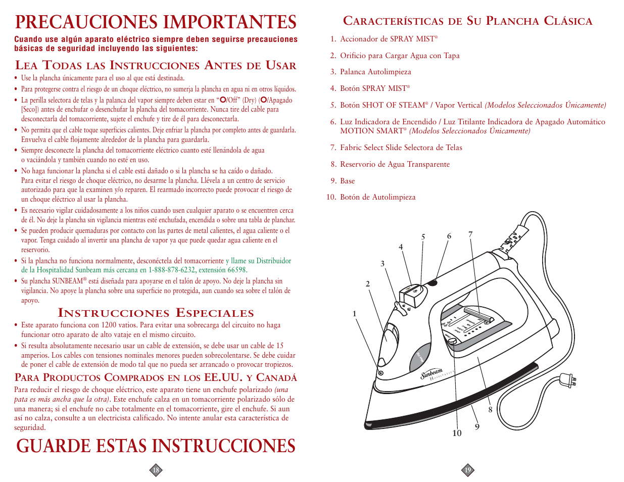 Precauciones importantes, Guarde estas instrucciones | Sunbeam 3964-099 User Manual | Page 10 / 18