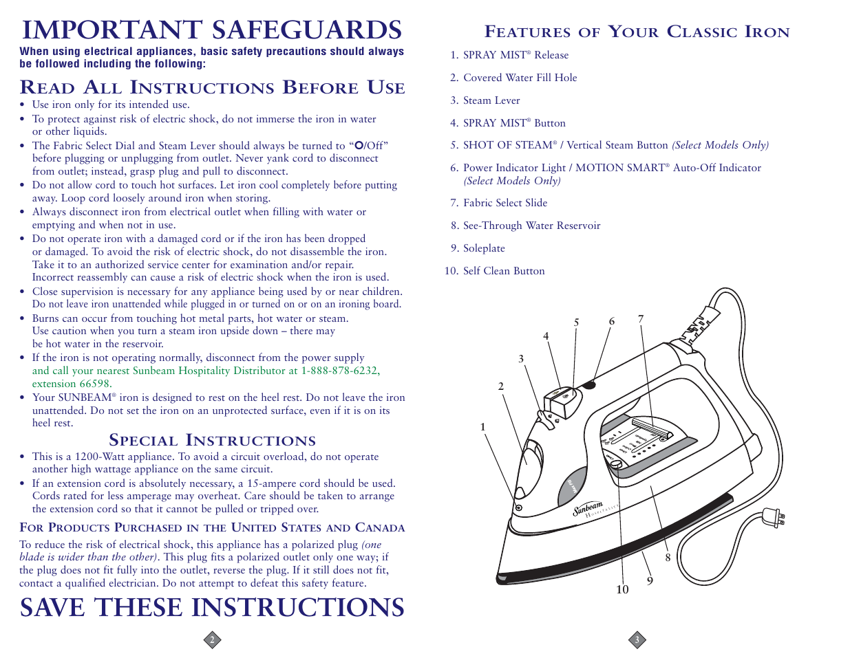 Important safeguards, Save these instructions | Sunbeam 3964-099 User Manual | Page 2 / 18
