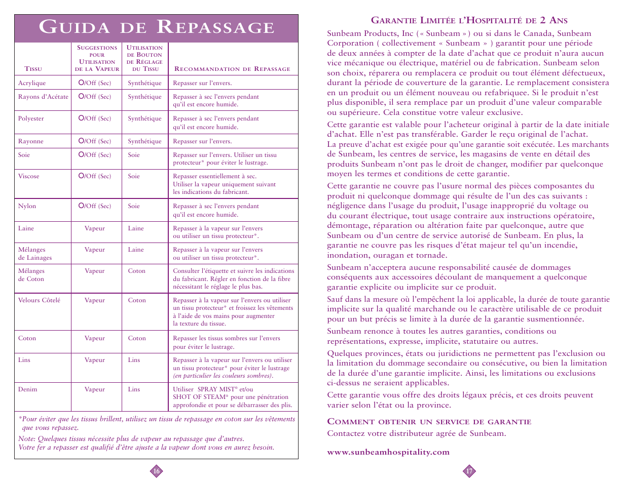 Uida de, Epassage | Sunbeam 3964-099 User Manual | Page 9 / 18