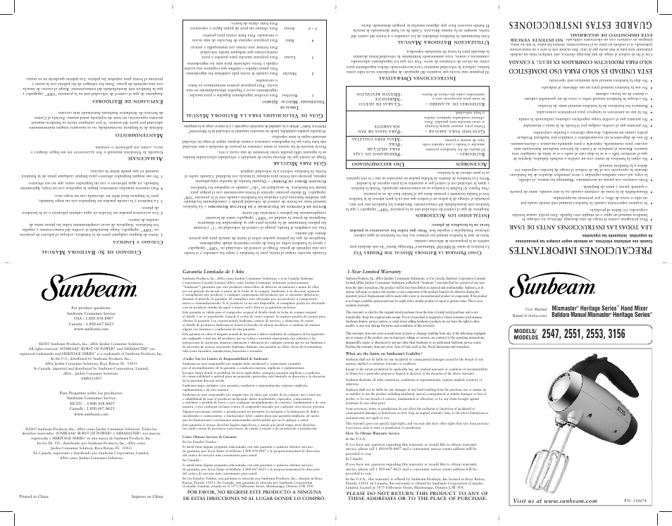 Sunbeam 2551 User Manual | 2 pages