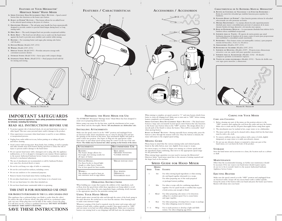 Important safeguards, Save these instructions, Read all instructions before use | This unit is for household use only | Sunbeam 2551 User Manual | Page 2 / 2
