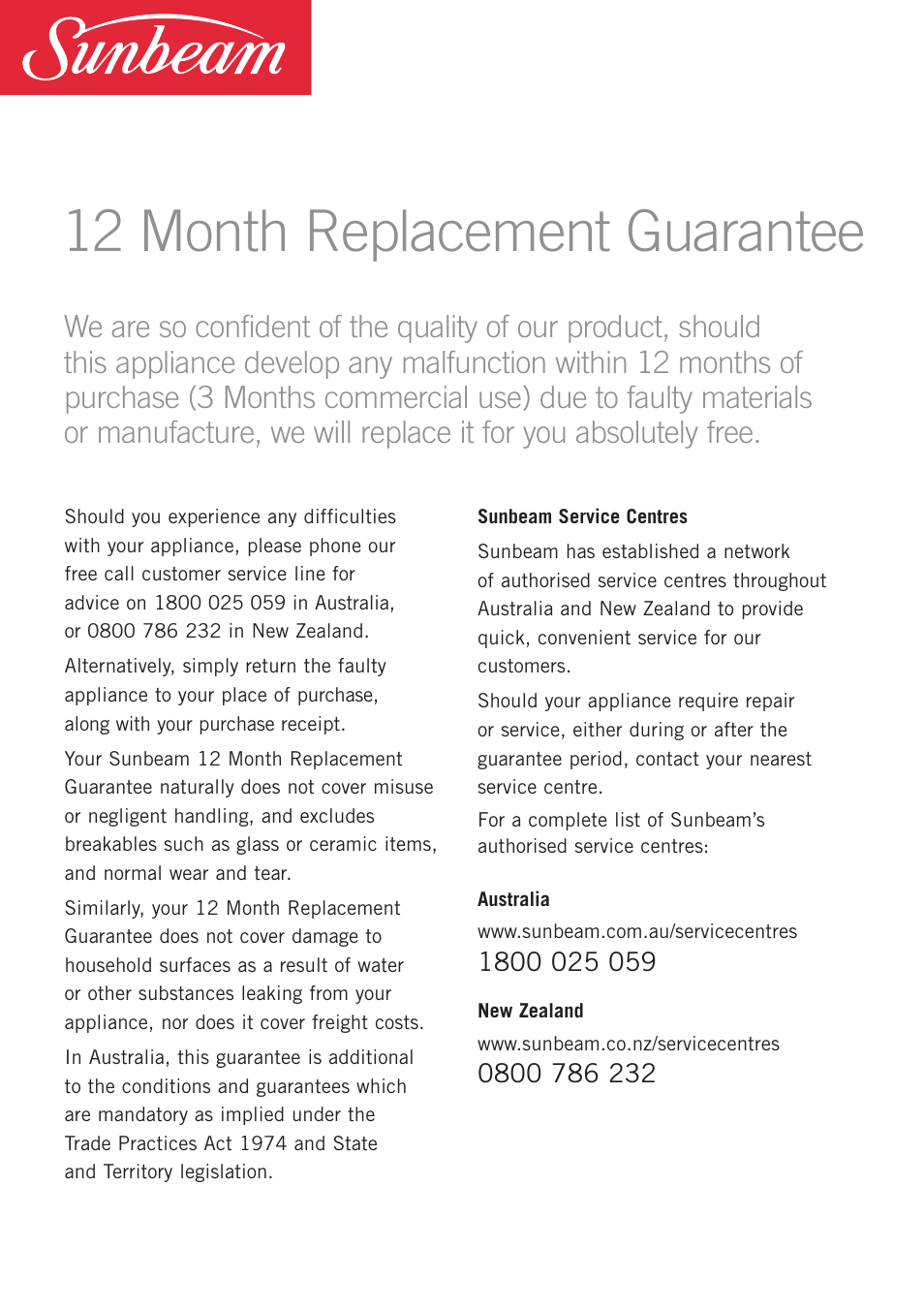 12 month replacement guarantee | Sunbeam SL4600 User Manual | Page 11 / 12