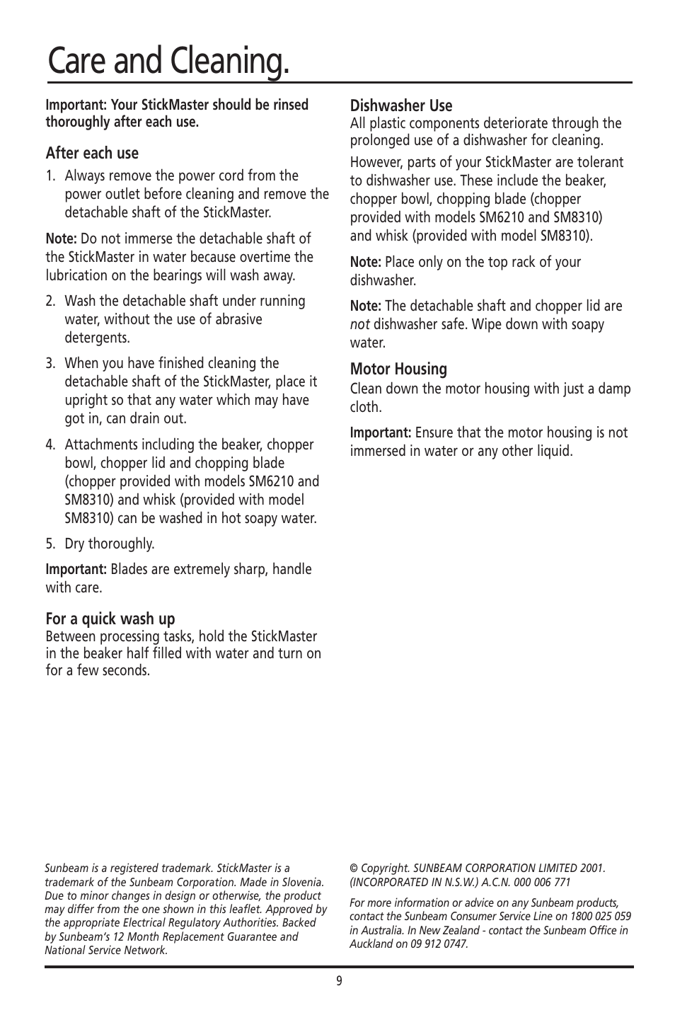 Care and cleaning | Sunbeam SM8310 User Manual | Page 9 / 19
