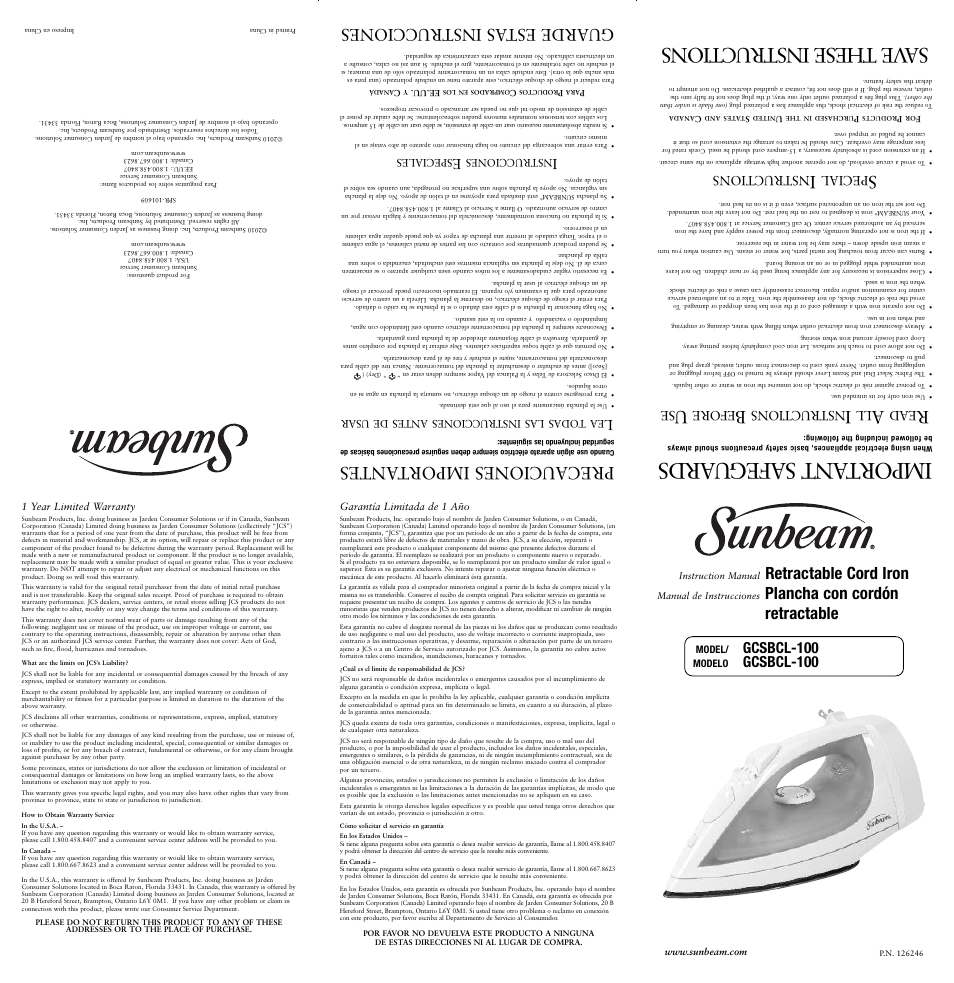 Sunbeam GCSBCL-100 User Manual | 2 pages