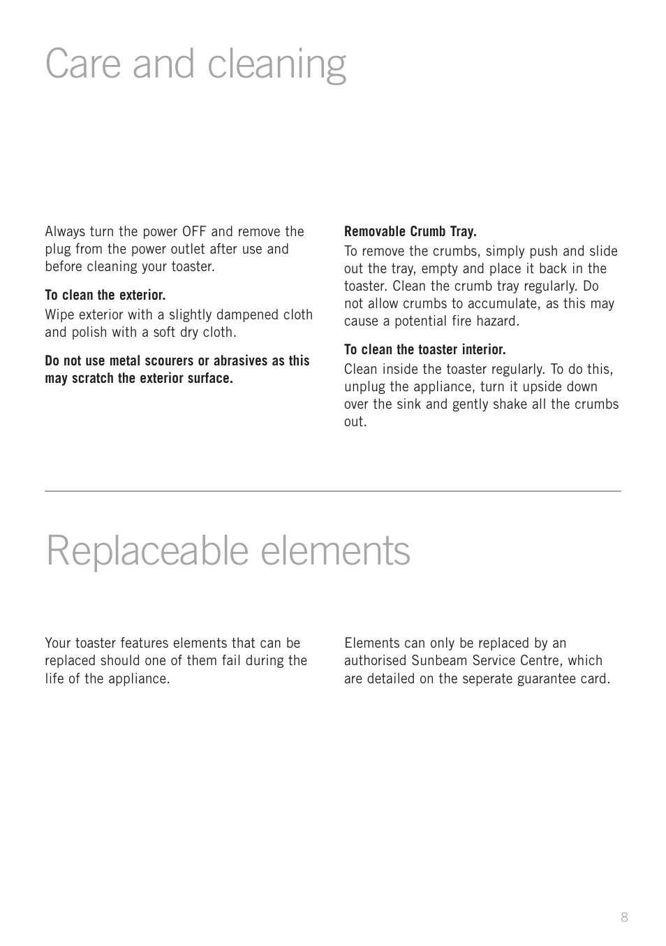 Care and cleaning replaceable elements | Sunbeam TA9200 User Manual | Page 10 / 15