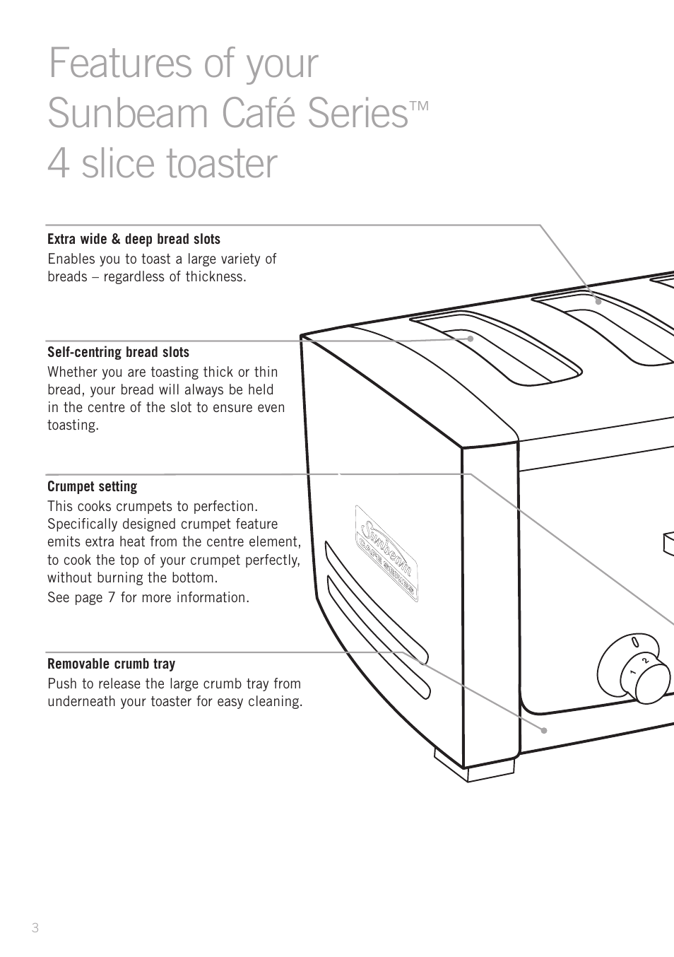 Features of your sunbeam café series, 4 slice toaster | Sunbeam TA9200 User Manual | Page 5 / 15